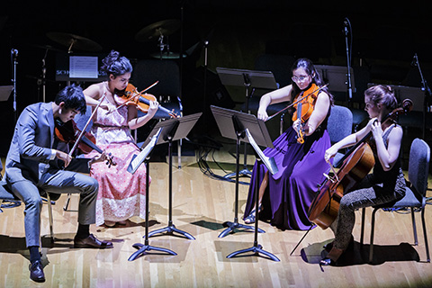 A group of musicians with string instruments play music on stage