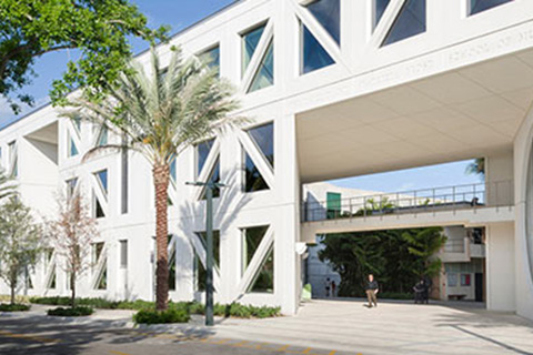 Exterior of a building at the Frost School of Music located at the University of Miami Coral Gables campus